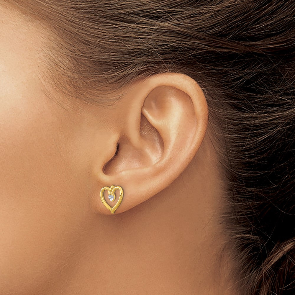 10k Yellow w/Rhodium 11 mm D/C Heart Post Earrings (0.85 grams)