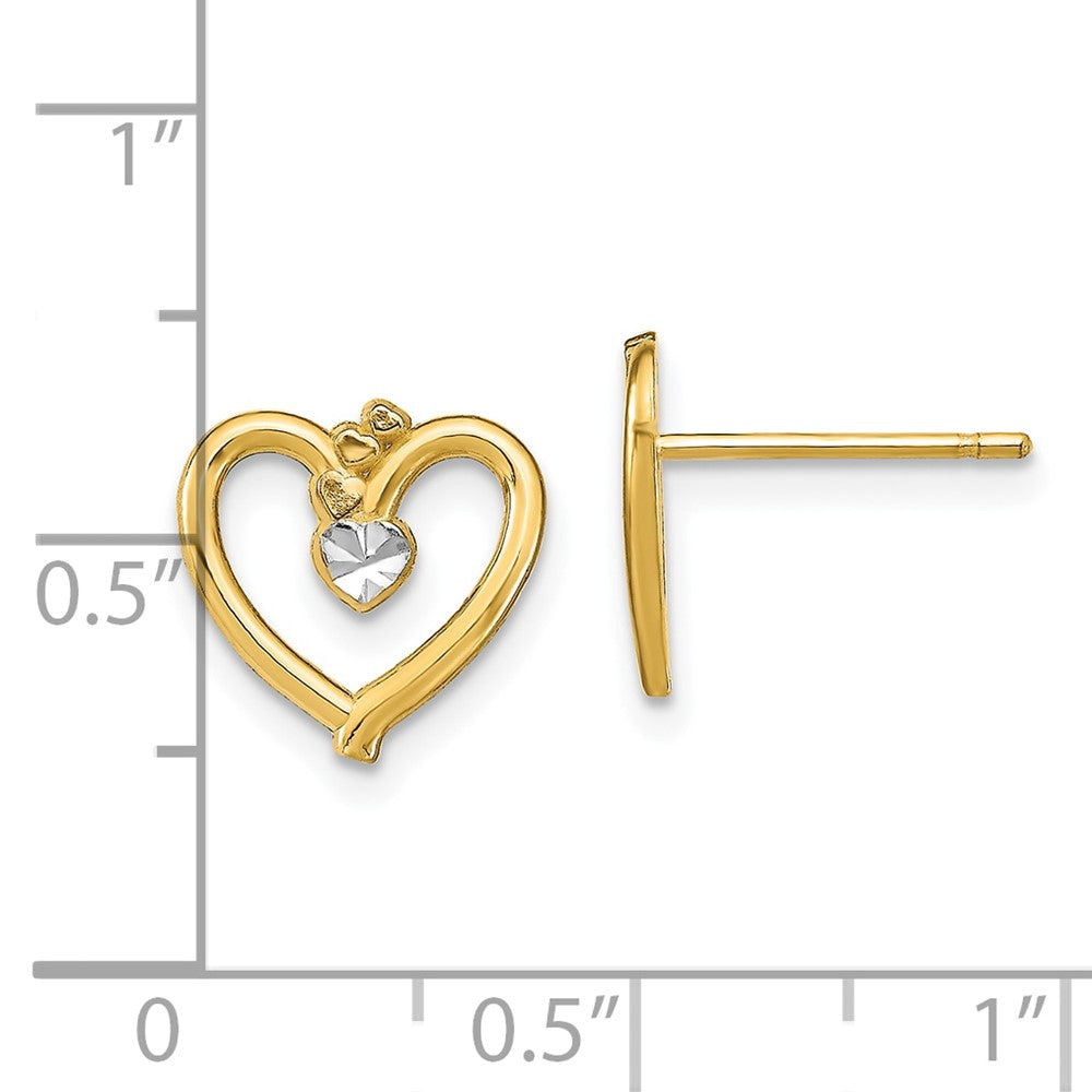 10k Yellow w/Rhodium 11 mm D/C Heart Post Earrings (0.85 grams)