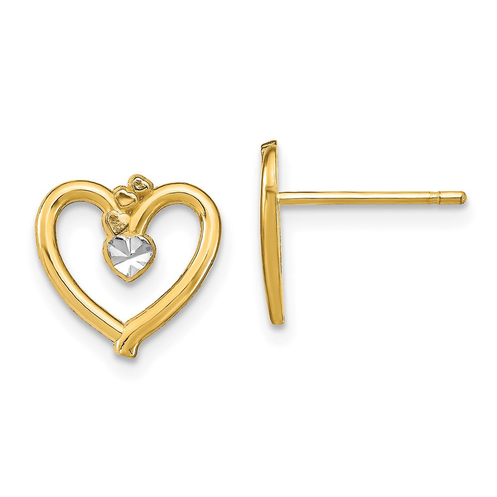 10k Yellow w/Rhodium 11 mm D/C Heart Post Earrings (0.85 grams)