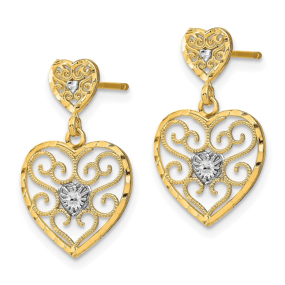 10k Yellow w/Rhodium 12.36 mm w/ RH Heart Beaded Filigree Dangle Earrings (1.27 grams)