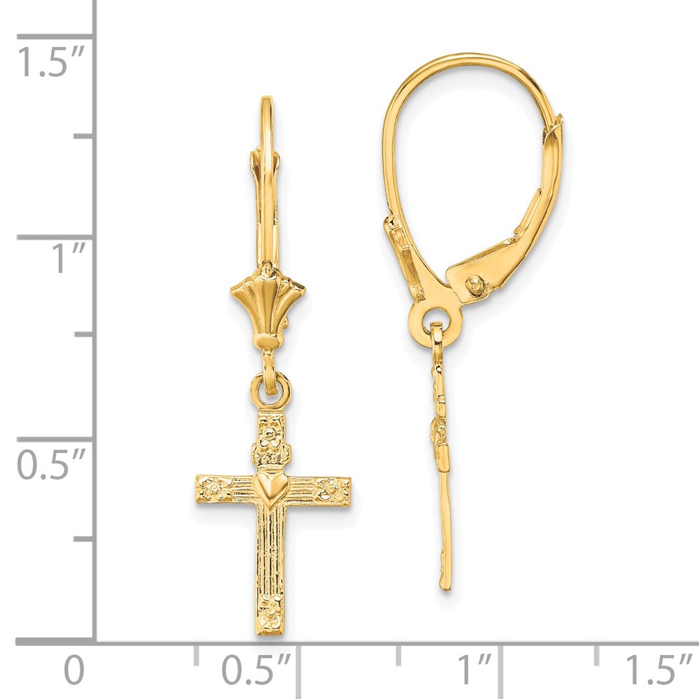 10k Yellow Gold 8.9 mm Textured Heart In Cross Leverback Earrings (1.06 grams)
