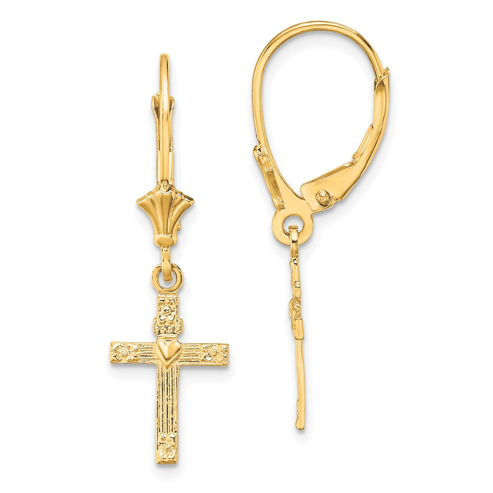 10k Yellow Gold 8.9 mm Textured Heart In Cross Leverback Earrings (1.06 grams)