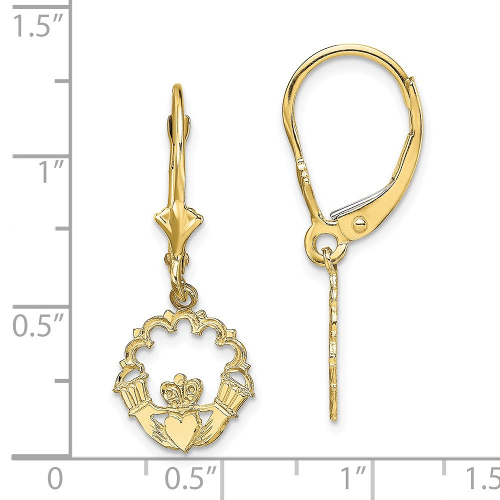 10k Yellow Gold 10.8 mm Polished Claddagh Leverback Earrings (1.35 grams)