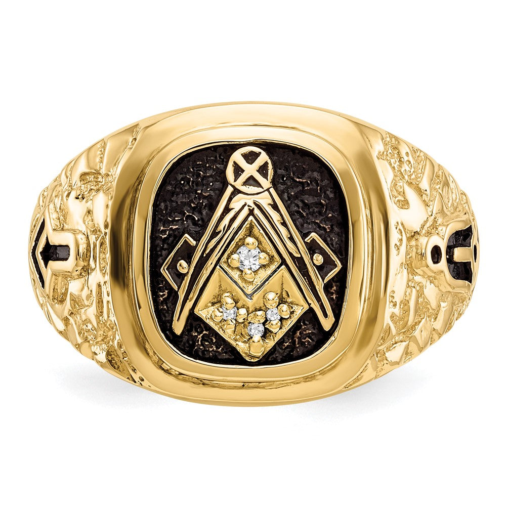 10k Polished, Antiqued and Nugget Texture AA Quality Diamond Masonic Ring (10.5 grams)