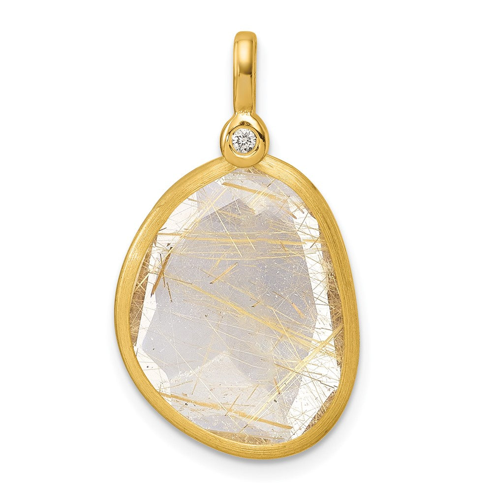 Herco 14K Polished and Satin Diamond and Rutilated Quartz Pendant (2.8 grams)
