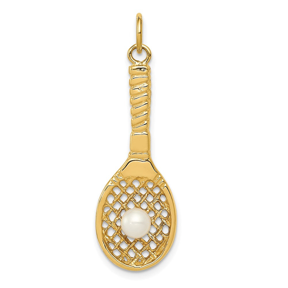 14k Yellow Gold 11 mm Tennis Racquet W/FW Cultured Pearl Charm (1.9 grams)