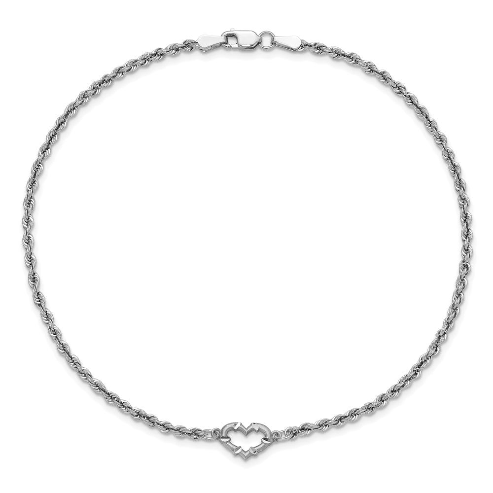 14k White Gold 10 mm Diamond-cut Rope with Heart in Anklet (1.85 grams)