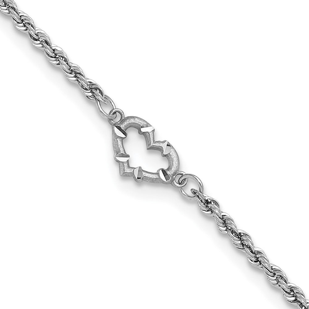 14k White Gold 10 mm Diamond-cut Rope with Heart in Anklet (1.85 grams)