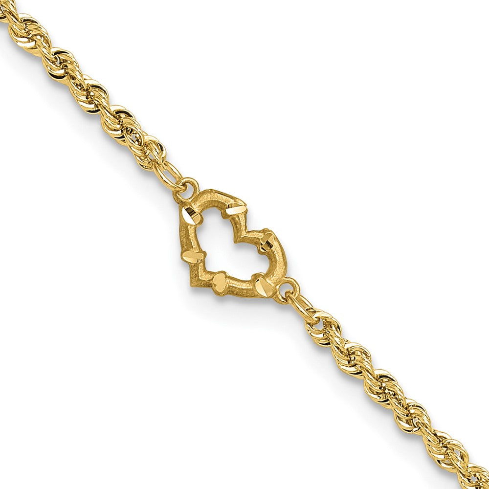 14k Yellow Gold 7 mm Diamond-cut Rope with Heart in Anklet (2.13 grams)