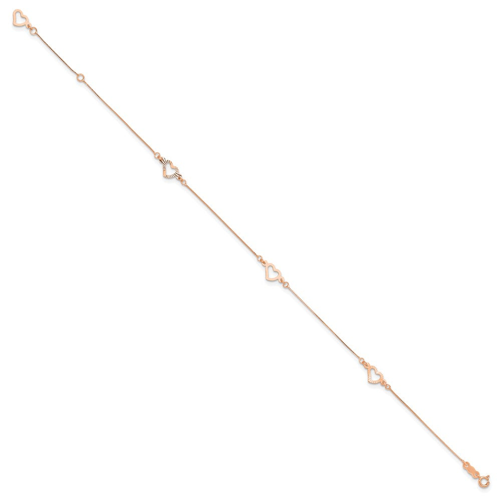 14k Rose Gold 6 mm Adjustable Fancy Heart 9in Plus 1in Ext. Anklet (1.07 grams)