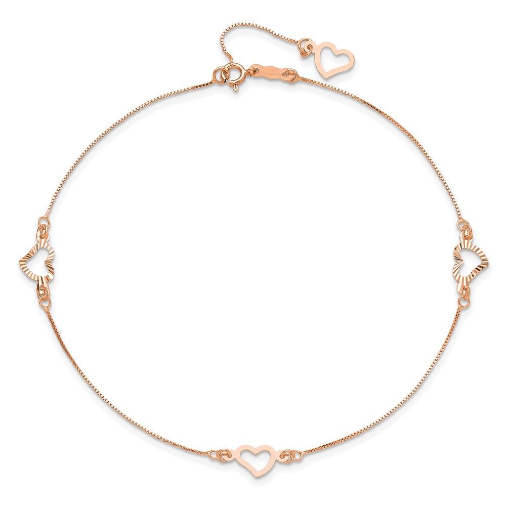 14k Rose Gold 6 mm Adjustable Fancy Heart 9in Plus 1in Ext. Anklet (1.07 grams)