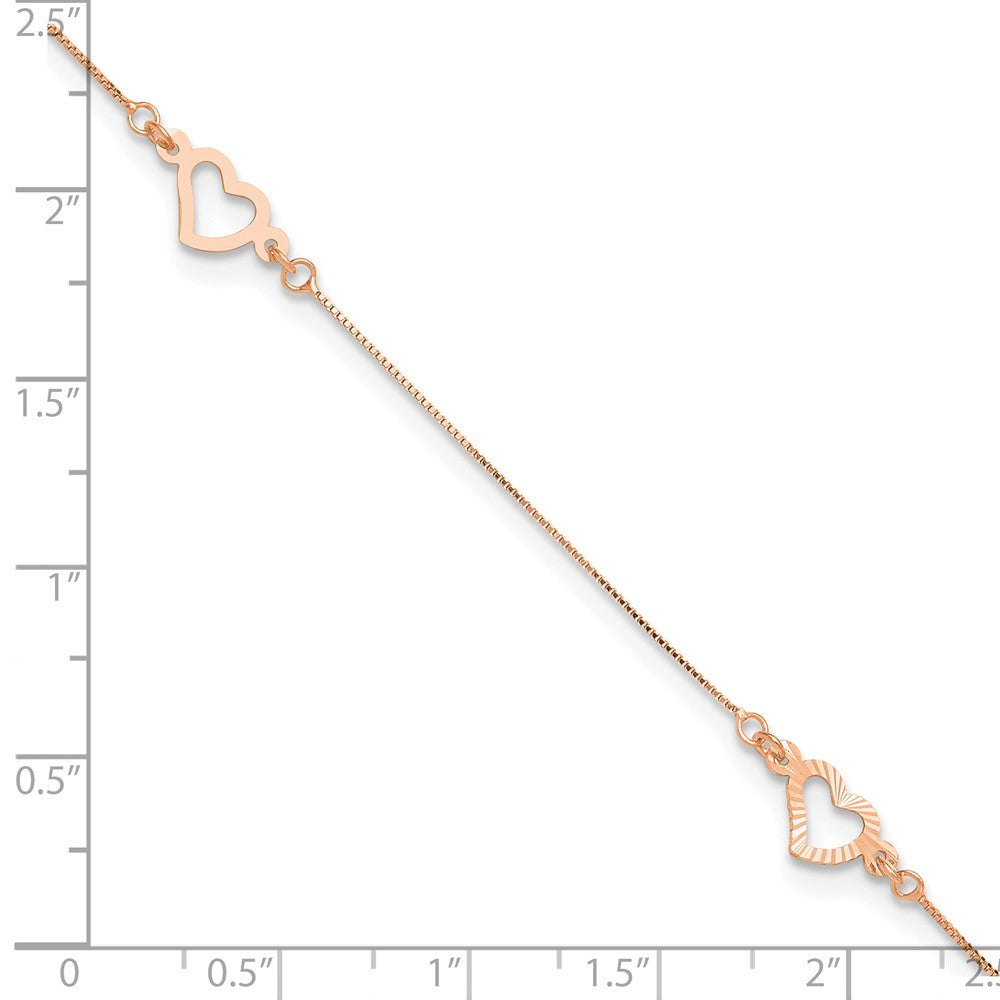 14k Rose Gold 6 mm Adjustable Fancy Heart 9in Plus 1in Ext. Anklet (1.07 grams)