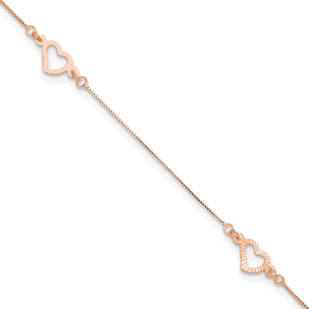 14k Rose Gold 6 mm Adjustable Fancy Heart 9in Plus 1in Ext. Anklet (1.07 grams)