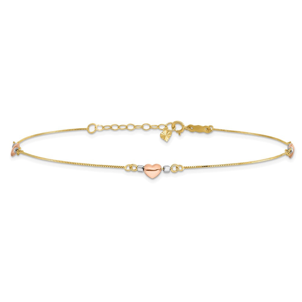 14k Tri-Color 1 mm Puffed Heart in Plus in ext Anklet (1.38 grams)