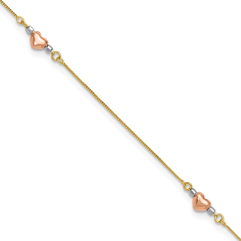 14k Tri-Color 1 mm Puffed Heart in Plus in ext Anklet (1.38 grams)