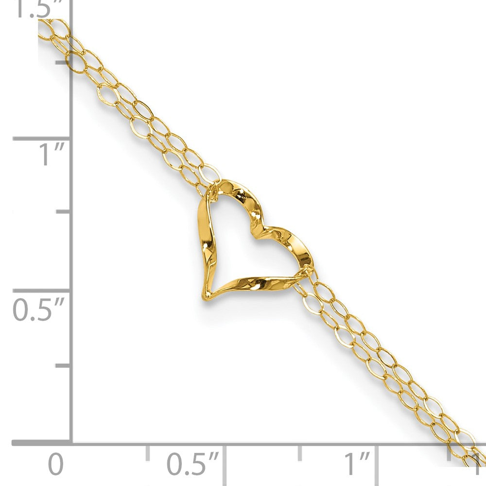 14k Yellow Gold 11 mm Double Strand Heart in Plus 1in ext. Anklet (0.97 grams)
