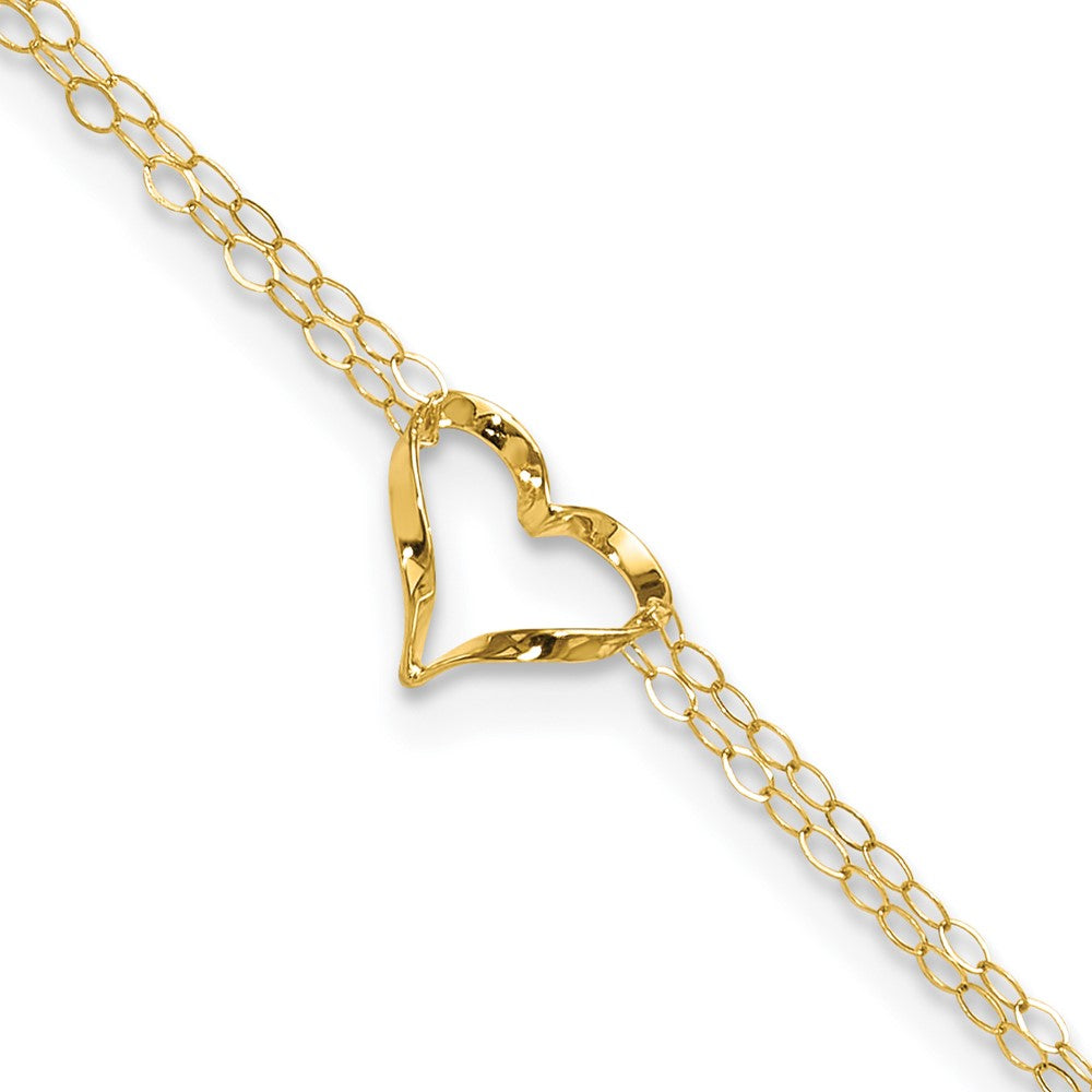 14k Yellow Gold 11 mm Double Strand Heart in Plus 1in ext. Anklet (0.97 grams)