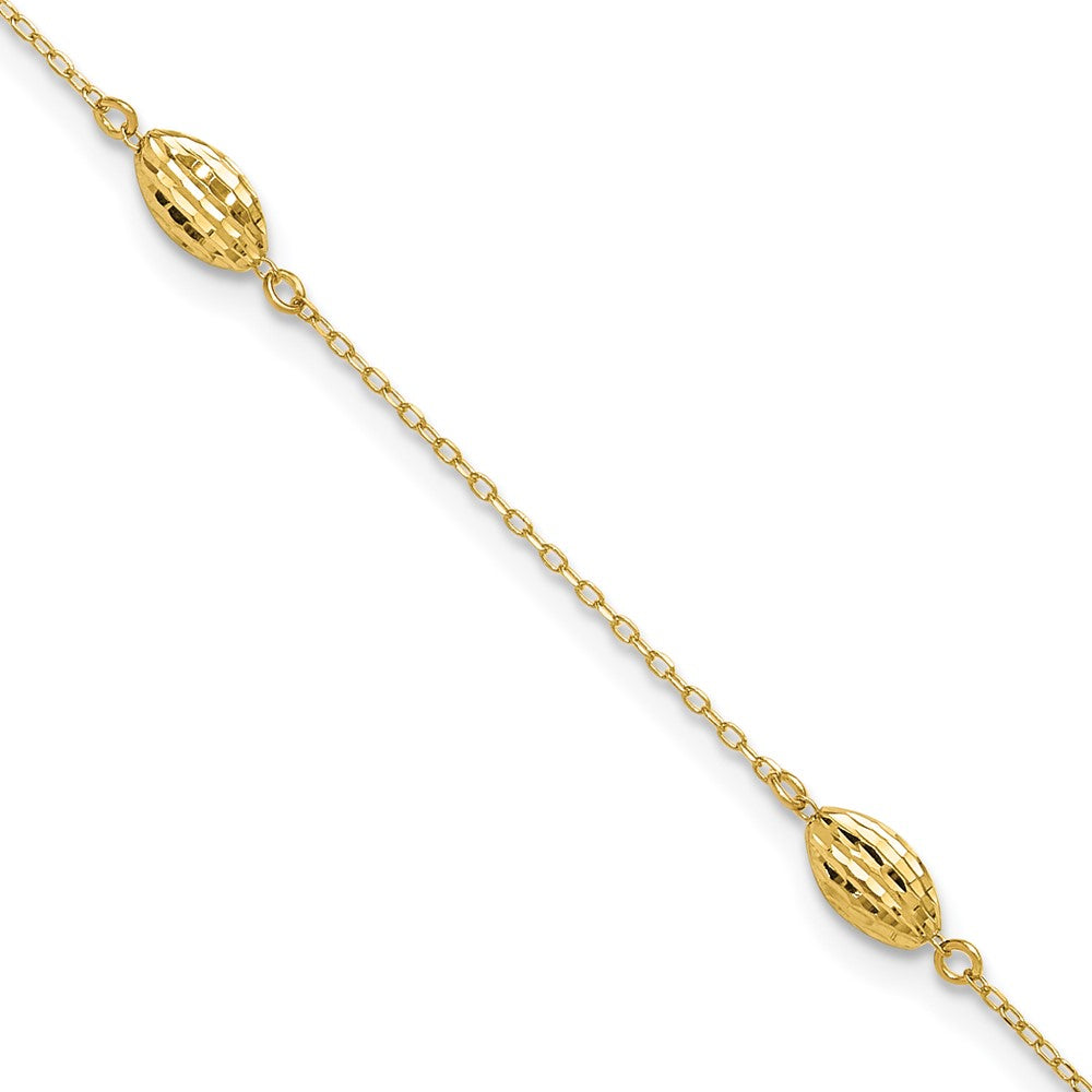 14k Yellow Gold 5 mm Polished Puffed Rice Bead 10in Plus 1in ext. Anklet (1.58 grams)