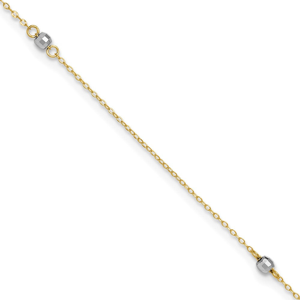 14k Two-tone 2.5 mm Mirror Bead 10in Plus 1in ext. Anklet (0.83 grams)