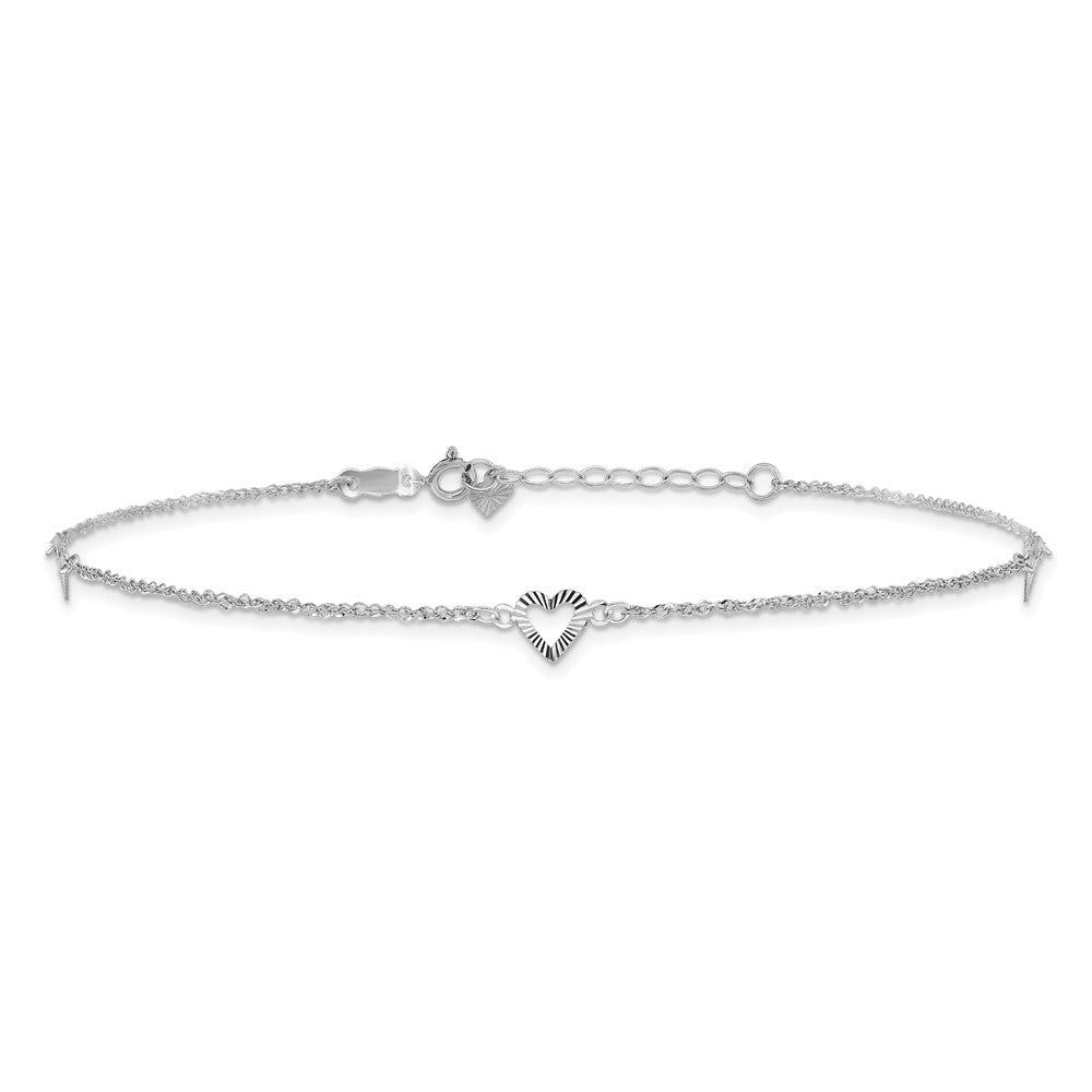 14k White Gold 1.5 mm Diamond-cut Hearts in Plus 1in ext Anklet (0.93 grams)