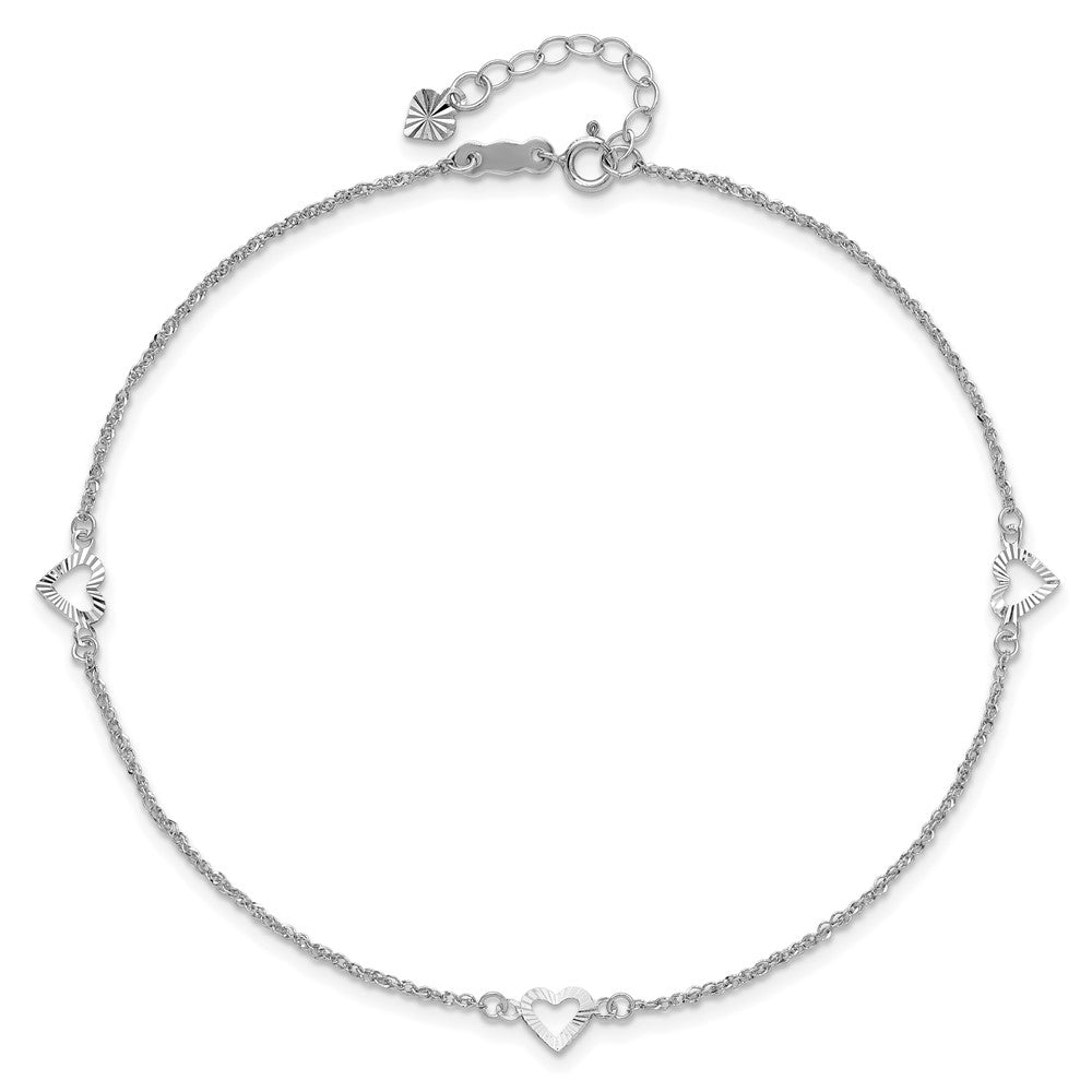 14k White Gold 1.5 mm Diamond-cut Hearts in Plus 1in ext Anklet (0.93 grams)