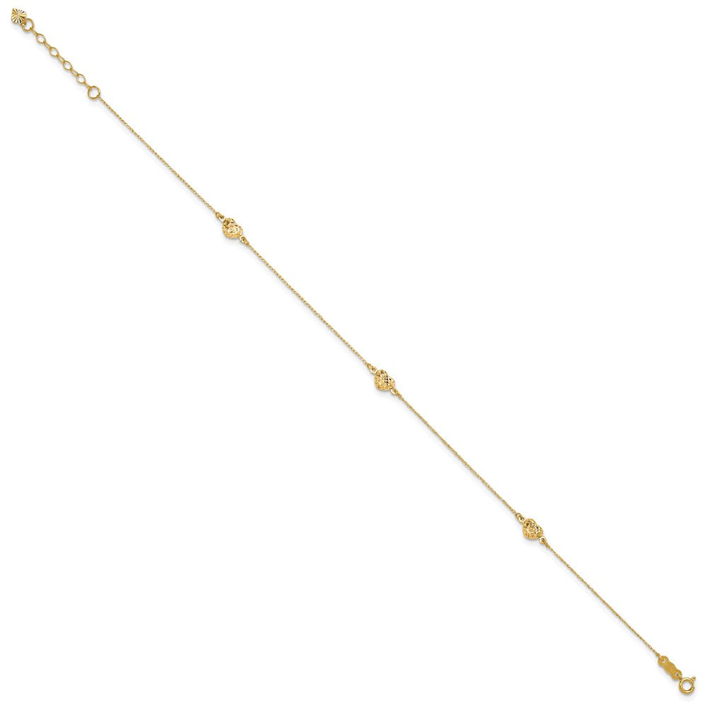 14k Yellow Gold 5 mm Puff Heart 9in Plus 1in ext. Anklet (0.95 grams)