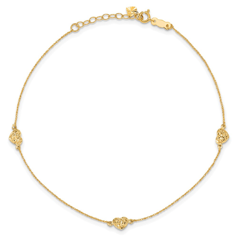 14k Yellow Gold 5 mm Puff Heart 9in Plus 1in ext. Anklet (0.95 grams)