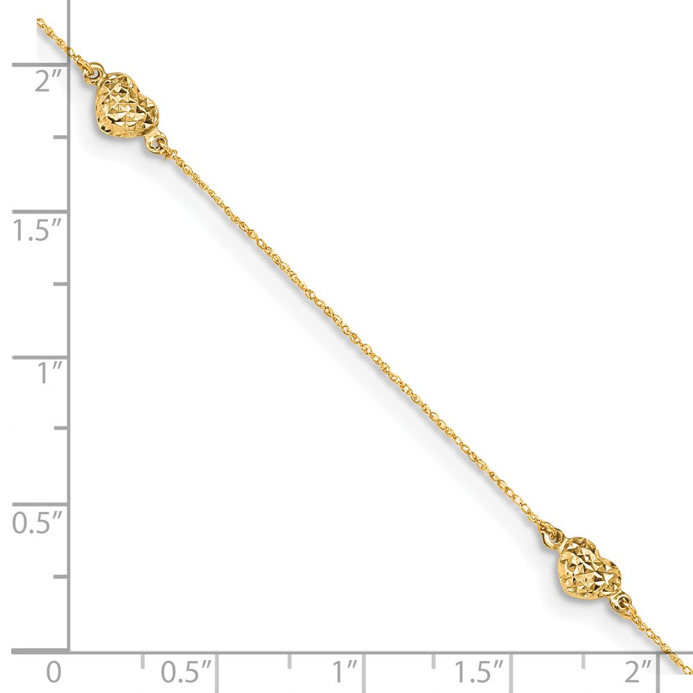 14k Yellow Gold 5 mm Puff Heart 9in Plus 1in ext. Anklet (0.95 grams)