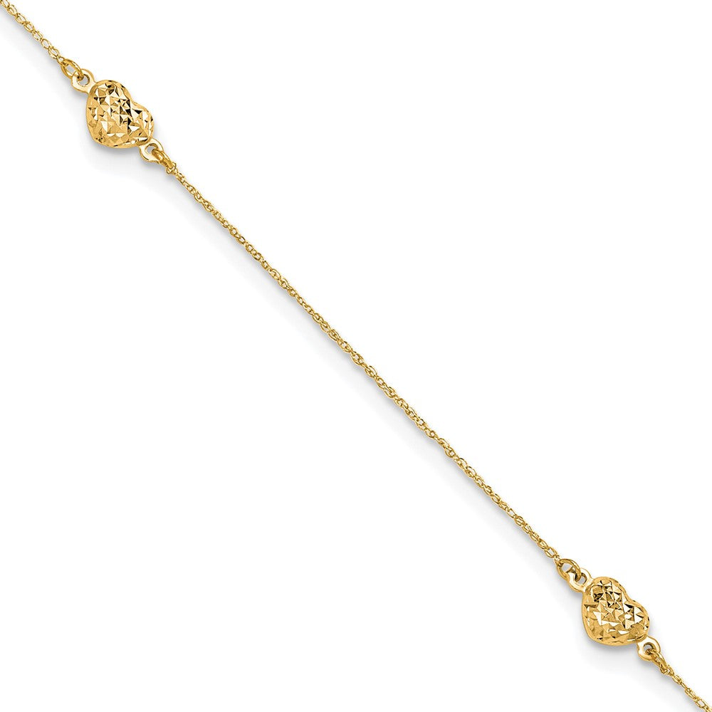 14k Yellow Gold 5 mm Puff Heart 9in Plus 1in ext. Anklet (0.95 grams)