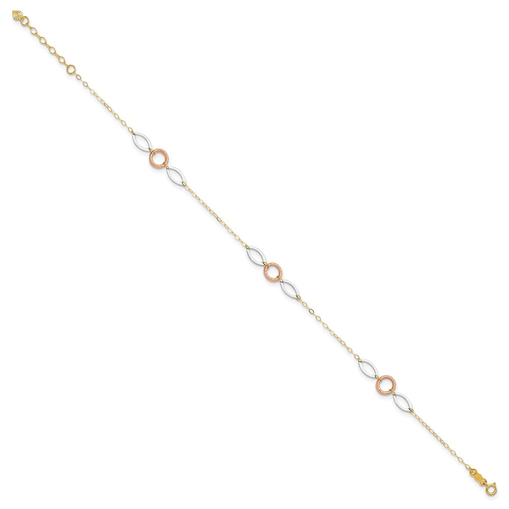 14k Tri-Color 1 mm 4k Tri-color Circle and Oval in Plus in ext. Anklet (1.3 grams)