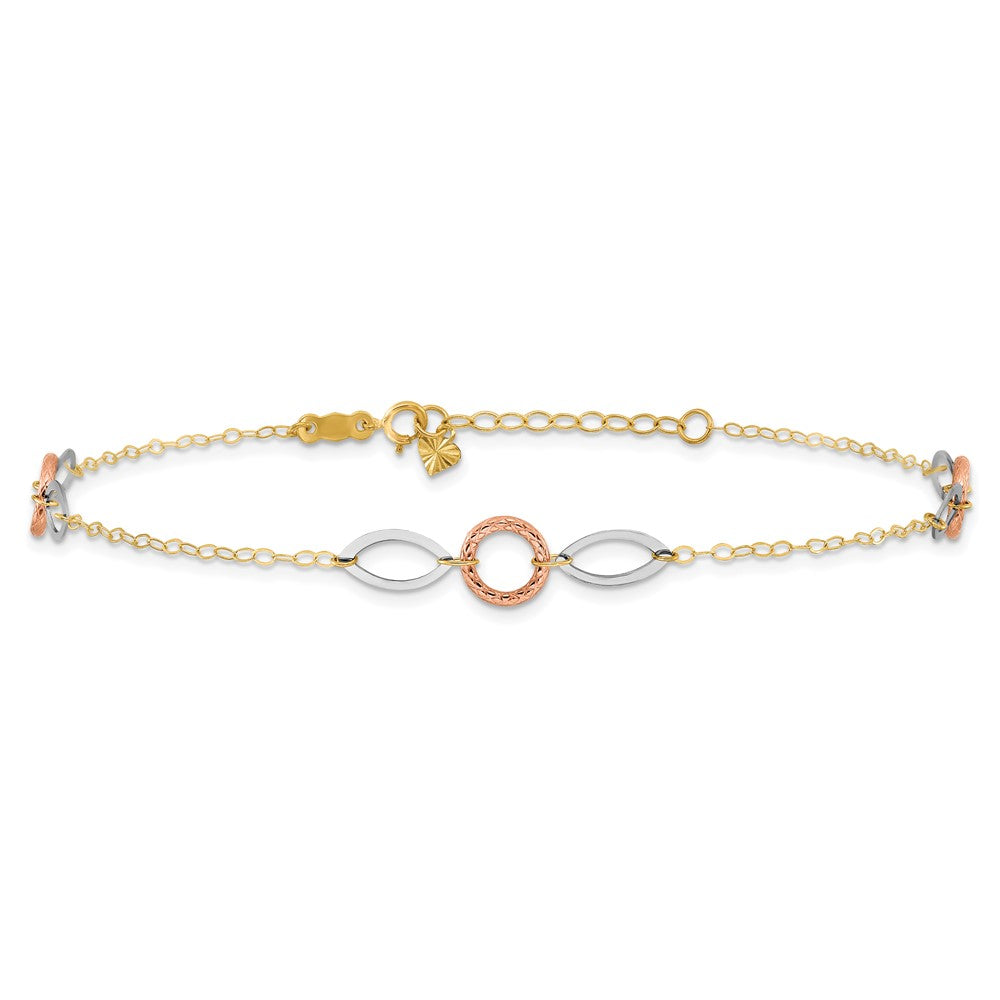 14k Tri-Color 1 mm 4k Tri-color Circle and Oval in Plus in ext. Anklet (1.3 grams)