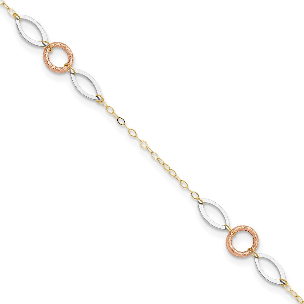 14k Tri-Color 1 mm 4k Tri-color Circle and Oval in Plus in ext. Anklet (1.3 grams)