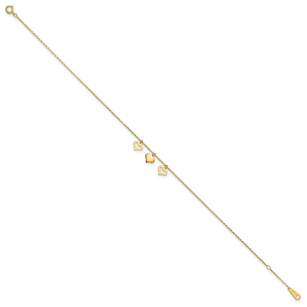 14k Yellow Gold 7 mm 3 Hearts inch Plus 1 inch Extension Anklet (1.12 grams)