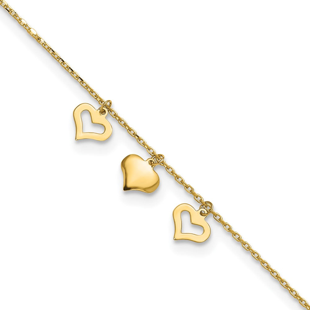 14k Yellow Gold 7 mm 3 Hearts inch Plus 1 inch Extension Anklet (1.12 grams)