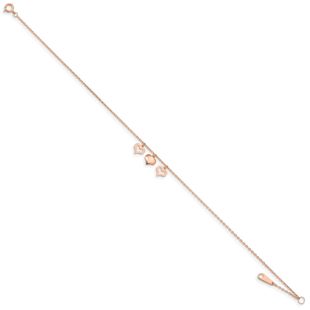 14k Rose Gold 7 mm 3 Hearts 9in Plus 1in Extension Anklet (1.08 grams)