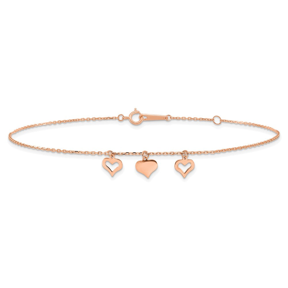 14k Rose Gold 7 mm 3 Hearts 9in Plus 1in Extension Anklet (1.08 grams)