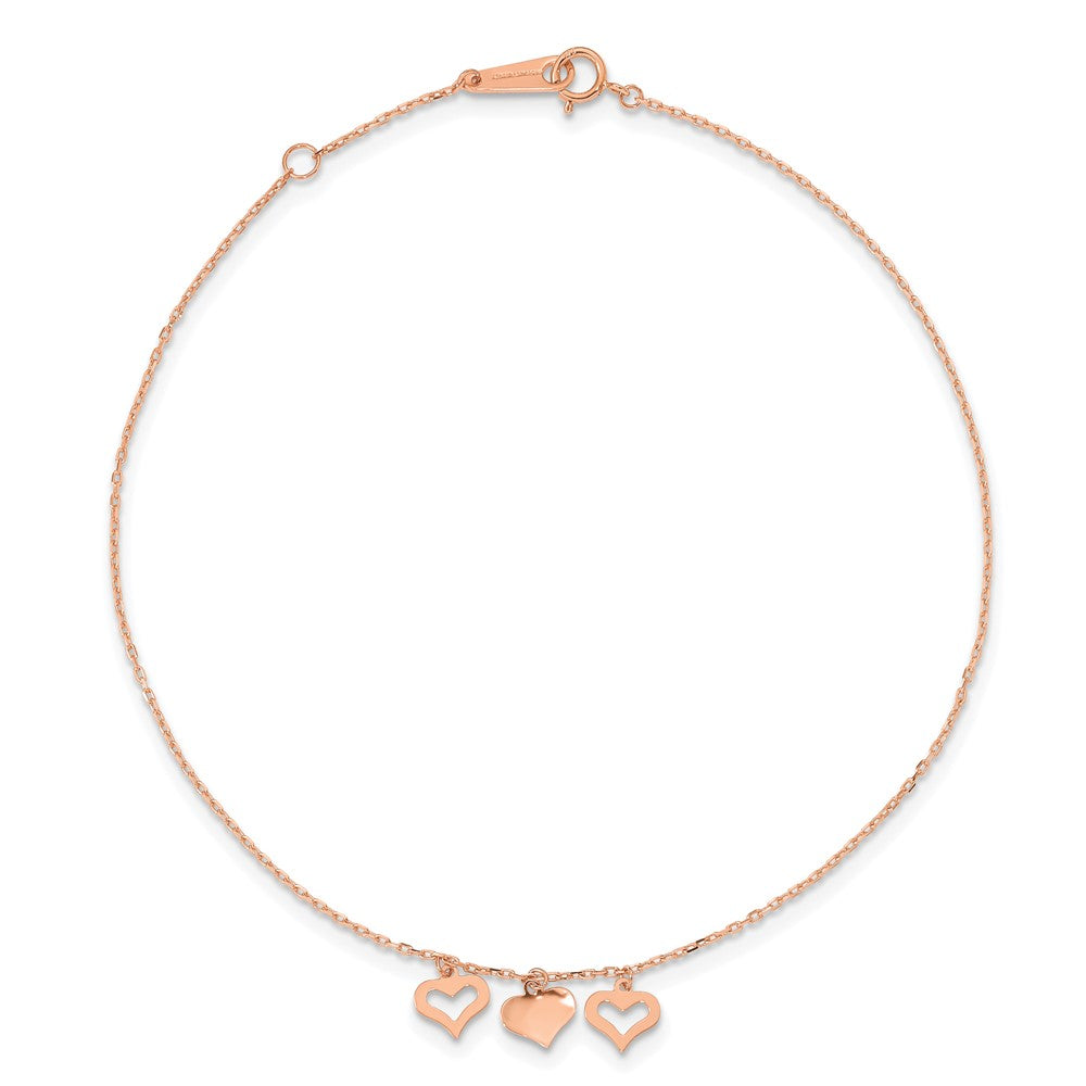 14k Rose Gold 7 mm 3 Hearts 9in Plus 1in Extension Anklet (1.08 grams)