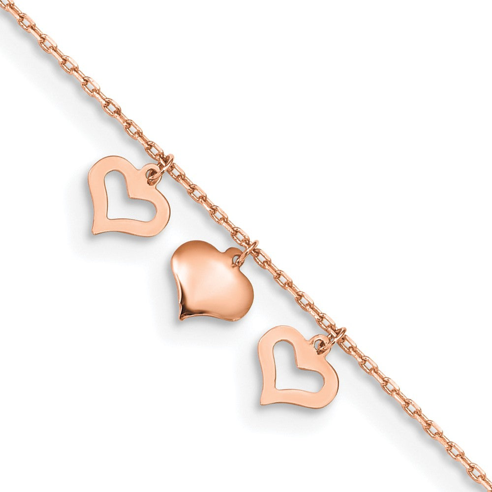 14k Rose Gold 7 mm 3 Hearts 9in Plus 1in Extension Anklet (1.08 grams)