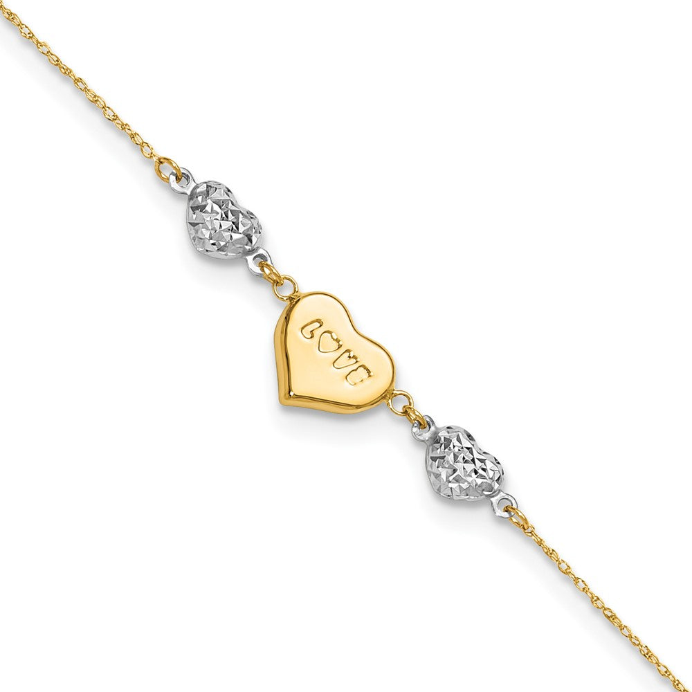 14k Two-tone 8 mm Two-tone Diamond-cut Puffed Heart LOVE in Plus 1in ext. Anklet (1.24 grams)