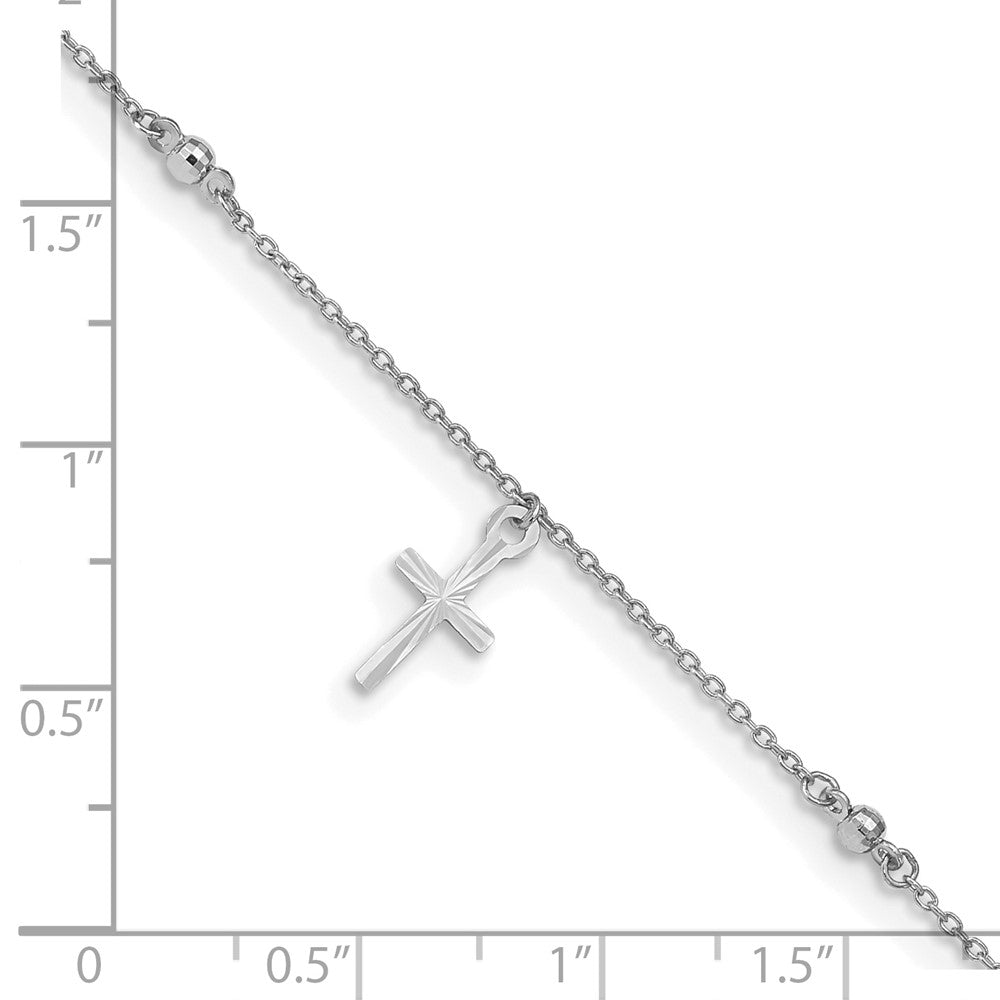 14k White Gold 13 mm Polished and Diamond-cut Cross 9in Plus 1in ext. Anklet (1.65 grams)