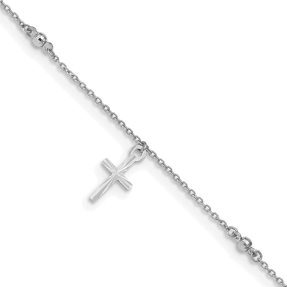 14k White Gold 13 mm Polished and Diamond-cut Cross 9in Plus 1in ext. Anklet (1.65 grams)