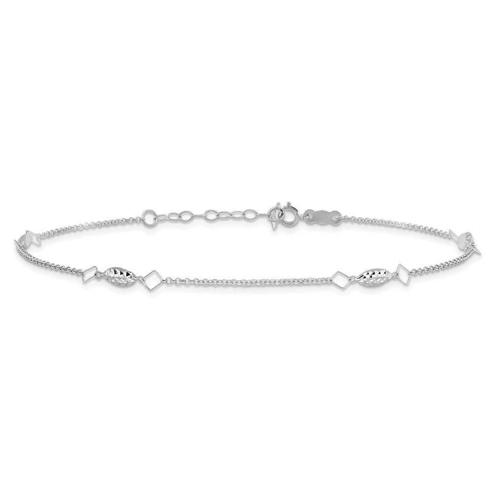 14k White Gold 4 mm Circle Chain Diamond Cut Rice Puff Beads 9in Plus 1in Ext An (1.27 grams)
