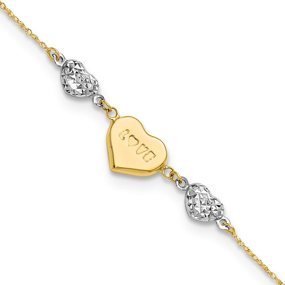 14k Two-tone 1 mm 4K Two Tone Puffed LOVE Heart & D/C Hearts Bracelet (1.21 grams)