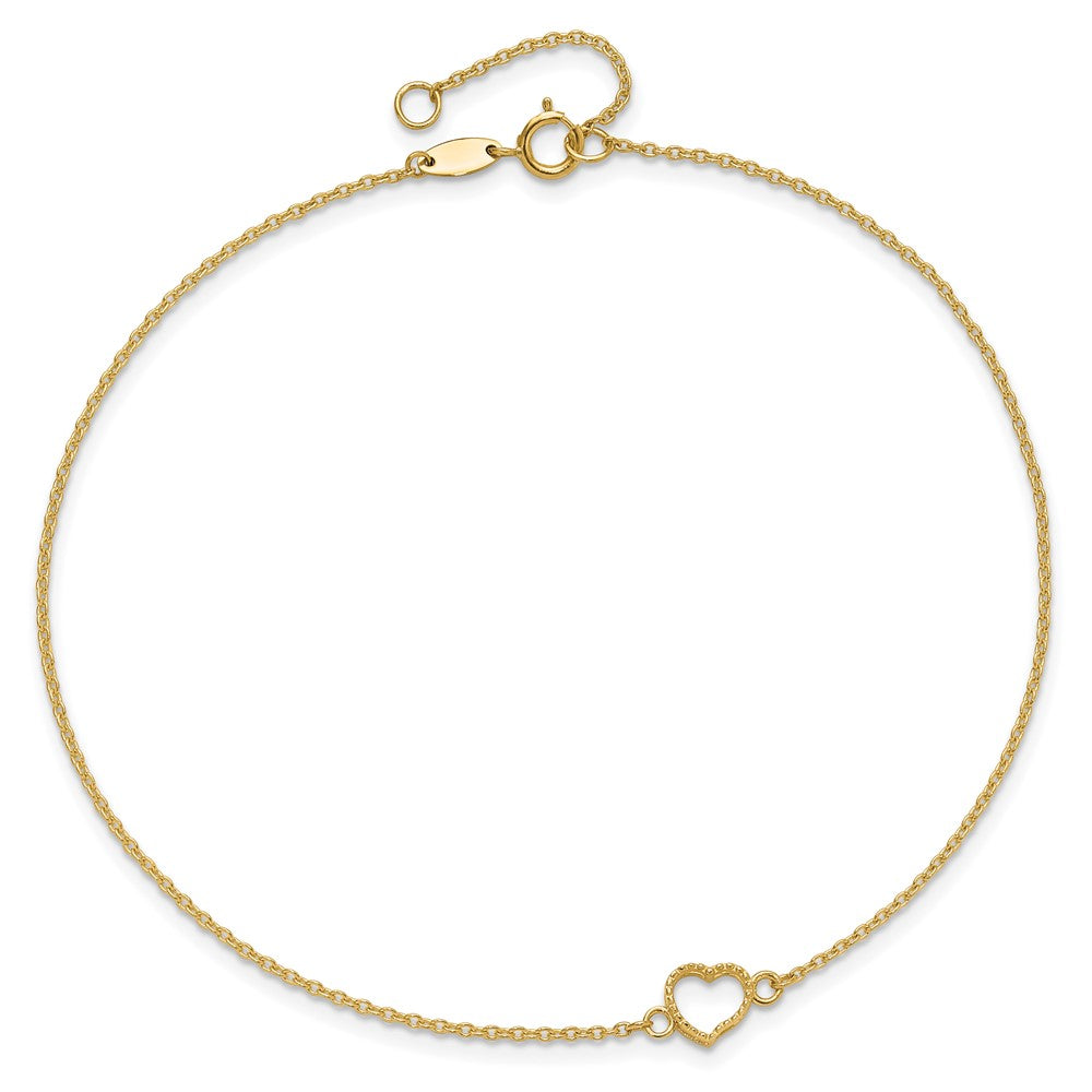 14k Yellow Gold 1 mm 4K Textured and Polished Heart in Plus in ext Anklet (1.19 grams)