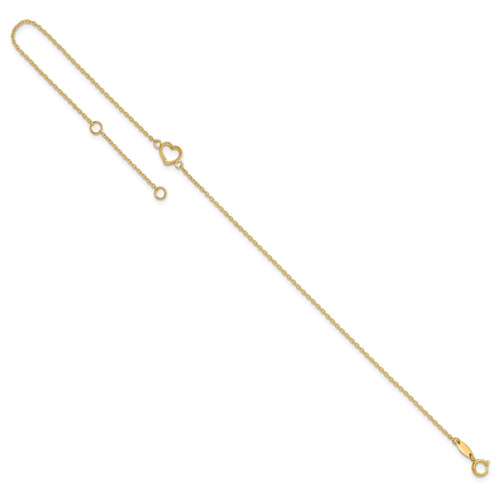 14k Yellow Gold 1 mm 4K Textured and Polished Heart in Plus in ext Anklet (1.19 grams)