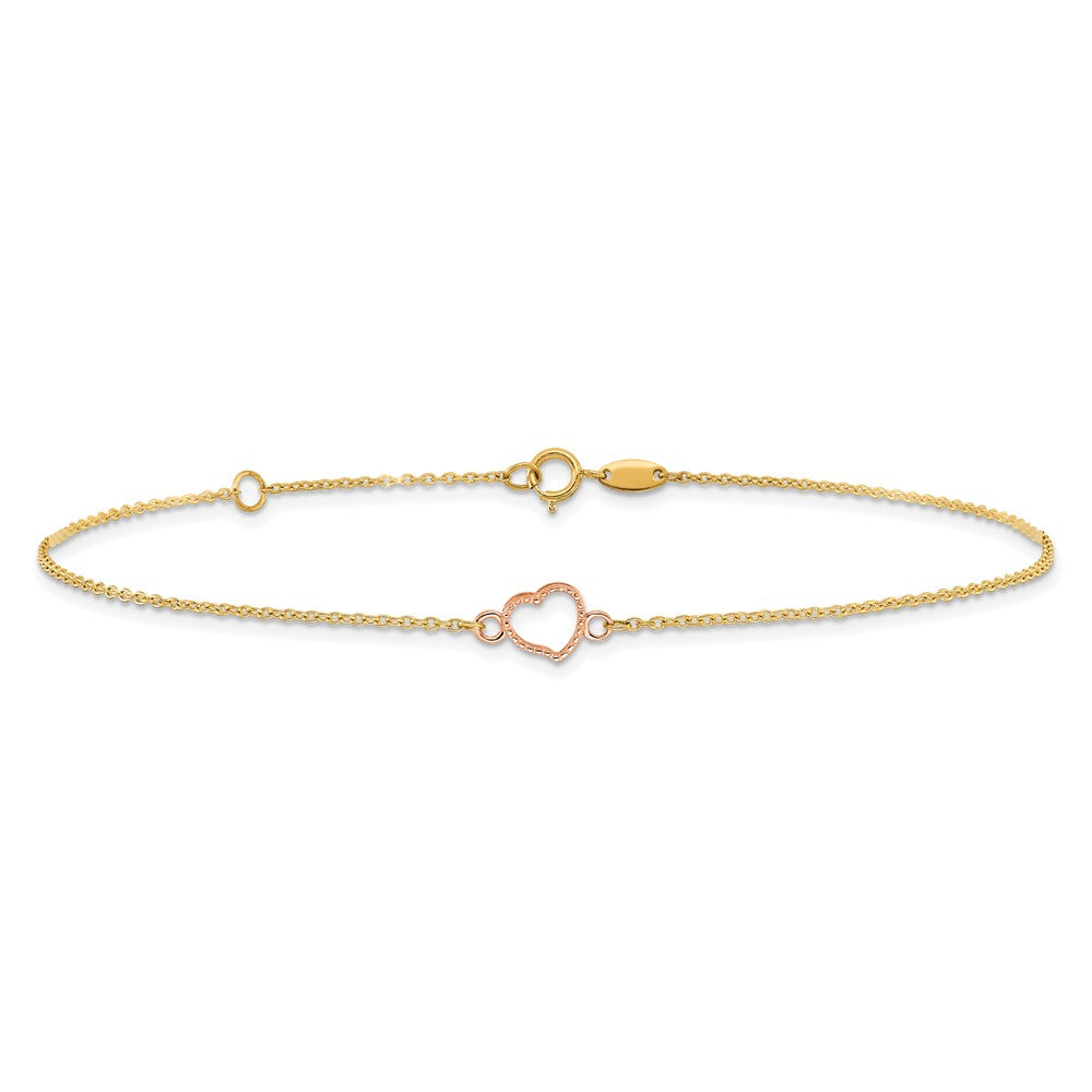 14k Two-tone 6 mm Textured and Polished Heart 9in Plus 1in ext. Anklet (1.16 grams)