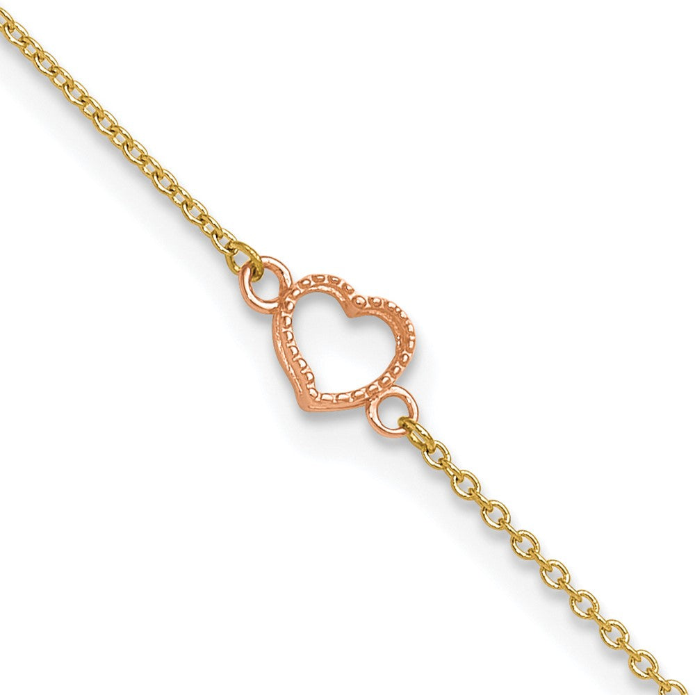 14k Two-tone 6 mm Textured and Polished Heart 9in Plus 1in ext. Anklet (1.16 grams)
