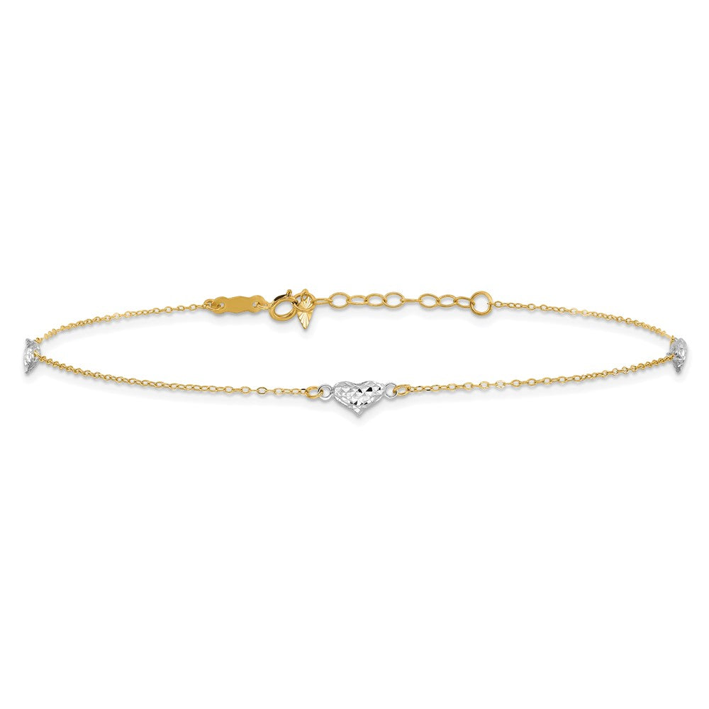 14k Two-tone 4.2 mm Polished D/C Triple Hearts 9in w/1in. Ext. Anklet (0.87 grams)