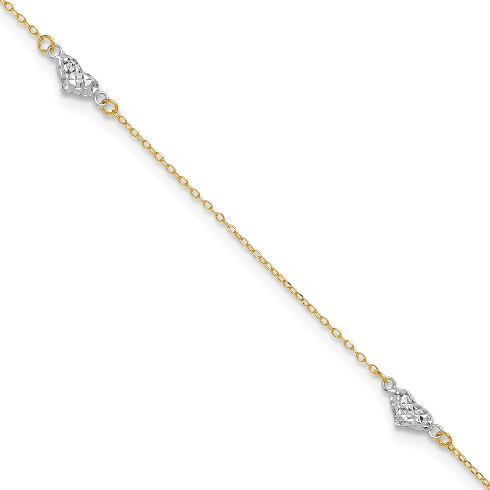 14k Two-tone 4.2 mm Polished D/C Triple Hearts 9in w/1in. Ext. Anklet (0.87 grams)