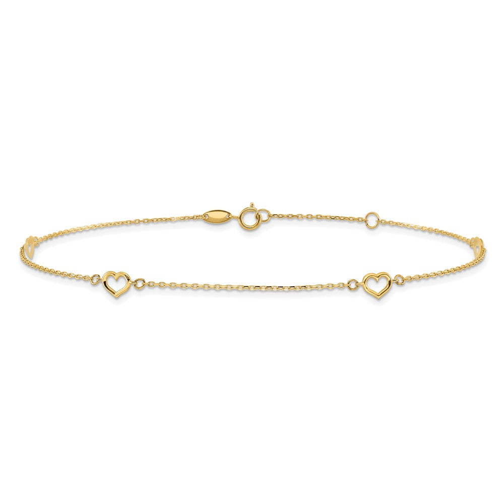 14k Yellow Gold 4.96 mm Heart in Plus 1in ext. Anklet (1.35 grams)